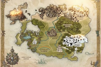 draw fantasy map illustration in vintage storybook style