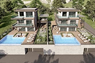 facade, semi detached 3d modern villa complex, terrace garden for sloped terrain