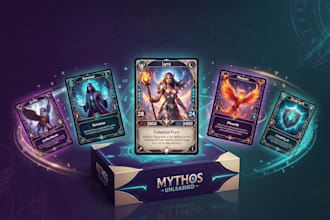 design card game, trading card game tcg, card illustration and box mockup