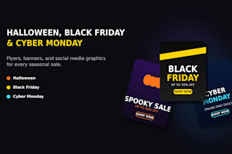 design halloween black friday and cyber monday flyers, banners and social media