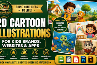 create 2d cartoon illustrations for your kids brand, website or app