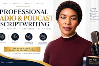 write professional radio, podcast and interview scripts, PR