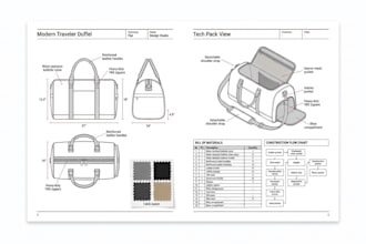 make duffle bag, travel bag, luggage and backpack tech pack design with sketch