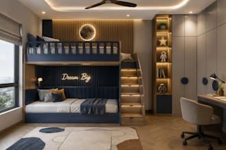 design a functional kids bedroom with realistic 3d renders