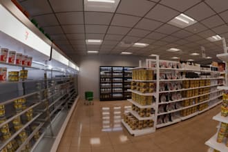 do 3d retail store design, supermarket interior, cafe, shop, 3d lobby rendering