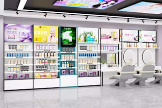 do 3d retail store design, supermarket interior, cafe, shop, 3d lobby rendering