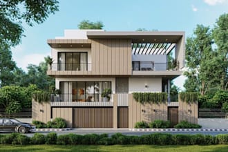 sketchup 3d modern villa house,wood slat facade, cubist home design,cgi driveway