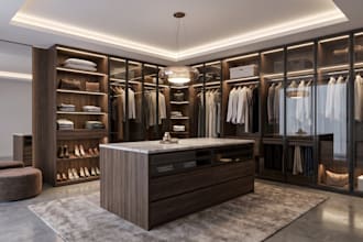 create modern walk in closet, wardrobe island, interior design with 3d render