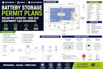 battery storage permit plans, solar pv layouts, ess sld, equipment cad drawings