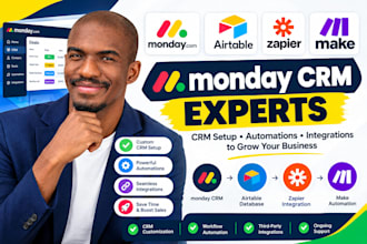 setup monday CRM monday automation airtable database zapier integration make com