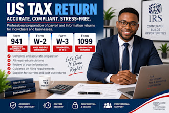 prepare form 941, 1099, w2, w3 and US payroll tax returns