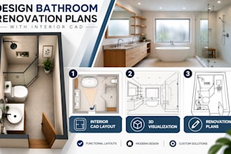 design bathroom  renovation plans with interior cad layout and 3d visualization
