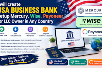 create USA business bank, setup mercury, wise, payoneer for llc owner