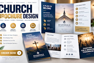 church brochure design, ministry trifold, welcome flyer and church program