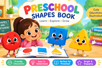 illustrate preschool shapes books with cute 2d educational characters