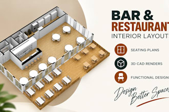design bar and restaurant interior layouts with seating plans and 3d cad renders