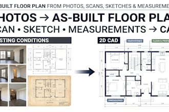 create as built floor plan, cad drawings from photos, scan, sketch, measurements