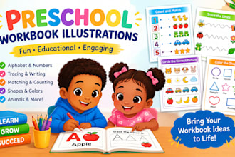 illustrate preschool workbooks with fun educational kids illustrations