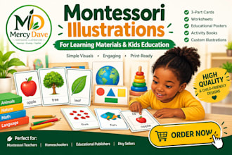 create montessori illustrations with simple visuals, learning objects and scenes