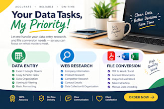 provide data entry, web research I am available for part time projects