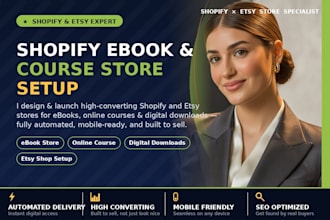 setup shopify ebook website, online course digital product shopify esty store