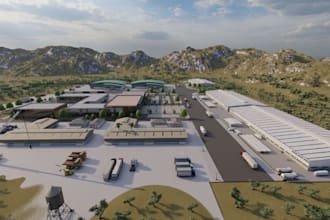 redesign 3d industrial building, storage facility, factory modeling, driveway