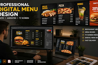 design tv animated screen menu or digital menu board, restaurant menu, food menu