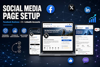 setup social media page and accounts create, facebook business page, x, linkedin