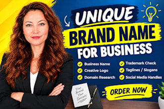 craft unique brand name, business name company domain name logo slogan app name
