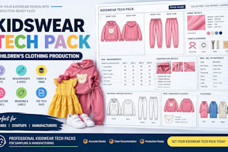 kidswear tech pack for children clothing, tshirts dresses tops, pants production