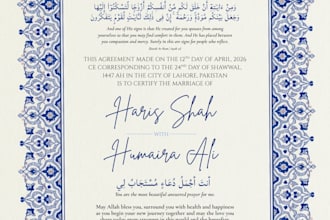 design a custom printable islamic nikah certificate or marriage contract