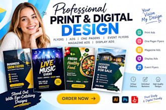 design print ad, one pager flyer, magazine ad, display ad, event flyer in 8hours