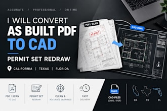 convert as built pdf to cad, permit set redraw, california texas florida dwg