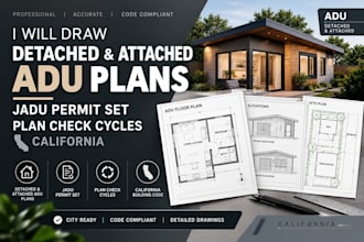 draw detached attached adu plans, jadu permit set, plan check cycles california