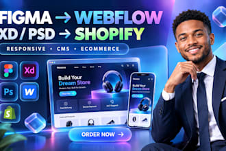 convert figma xd PSD design to webflow website shopify landing page store