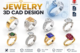 design custom jewelry cad models, rings, pendants, 3d rendering, 3d printing stl