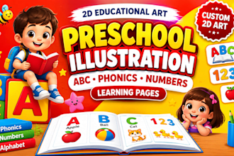 create 2d preschool illustration, phonics, abc, numbers and learning pages