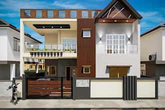 reconstruct 3d mid century villa,concrete facade,home elevation,balcony design