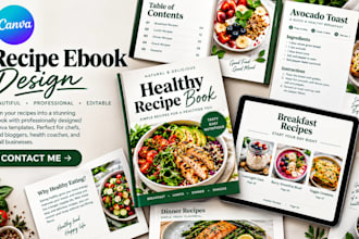do canva recipe ebook design, cookbook layout and meal plan pdf, kdp publishing