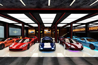 design 3d car showroom interior, 3d luxury car dealership, auto mobile workshop