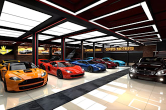 design 3d car showroom interior, 3d luxury car dealership, auto mobile workshop