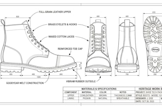create shoe tech pack for boots, loafers, heels and footwear technical drawings