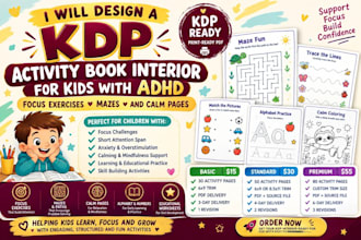 design a KDP activity book interior for kids with adhd focus exercises mazes