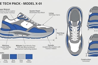 create 3d shoe design, footwear tech pack and sneaker model