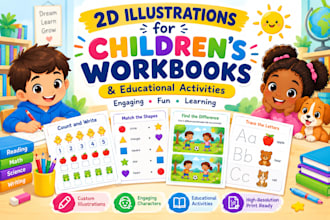 create engaging 2d workbook illustrations for kids with fun learning activities