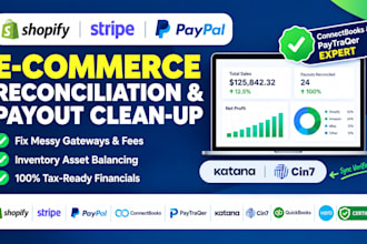 reconcile shopify payouts stripe paypal via connectbooks paytraqer katana cin7