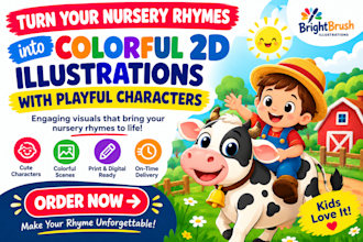 illustrate nursery rhymes with colorful 2d kids art and playful character scenes