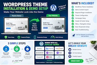 install wordpress theme, import demo and set it up like the demo