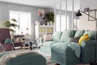 create a complete ikea interiors design with 3d renders and shopping list