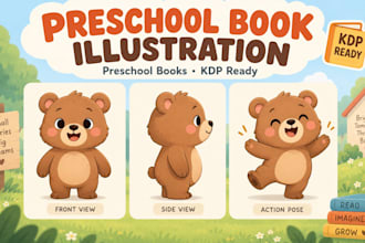 illustrate 2d preschool children book with consistent character design KDP
